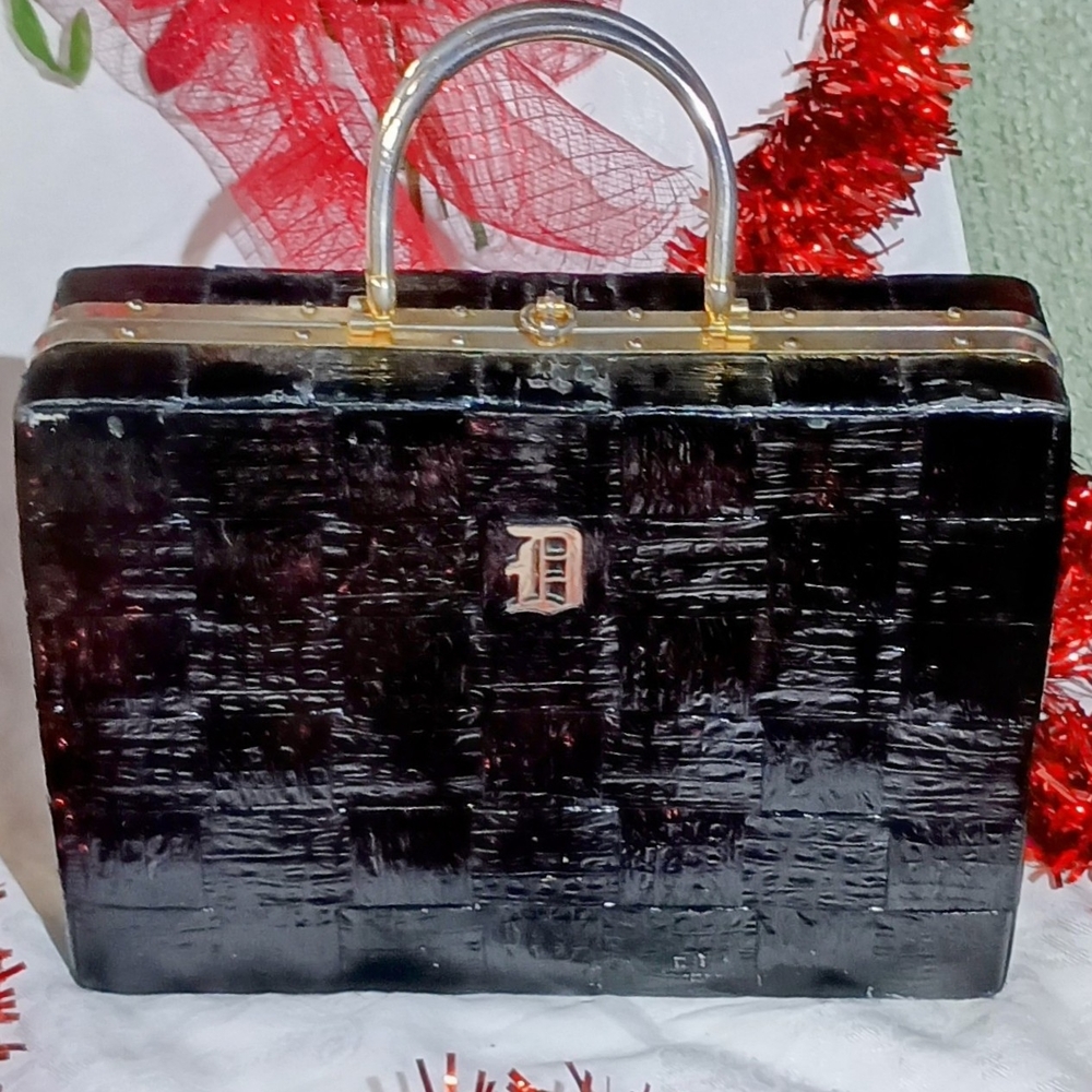 Black Clutch with Structured Shape and Glossy Finish